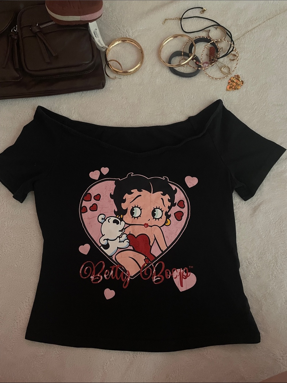 Betty Boop Black Tee with Pink and Red Heart Graphic